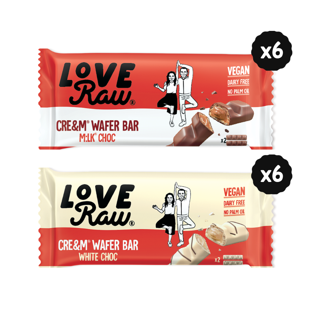 Two Love Raw cream wafer bars, one milk chocolate and one white chocolate, on a white background.