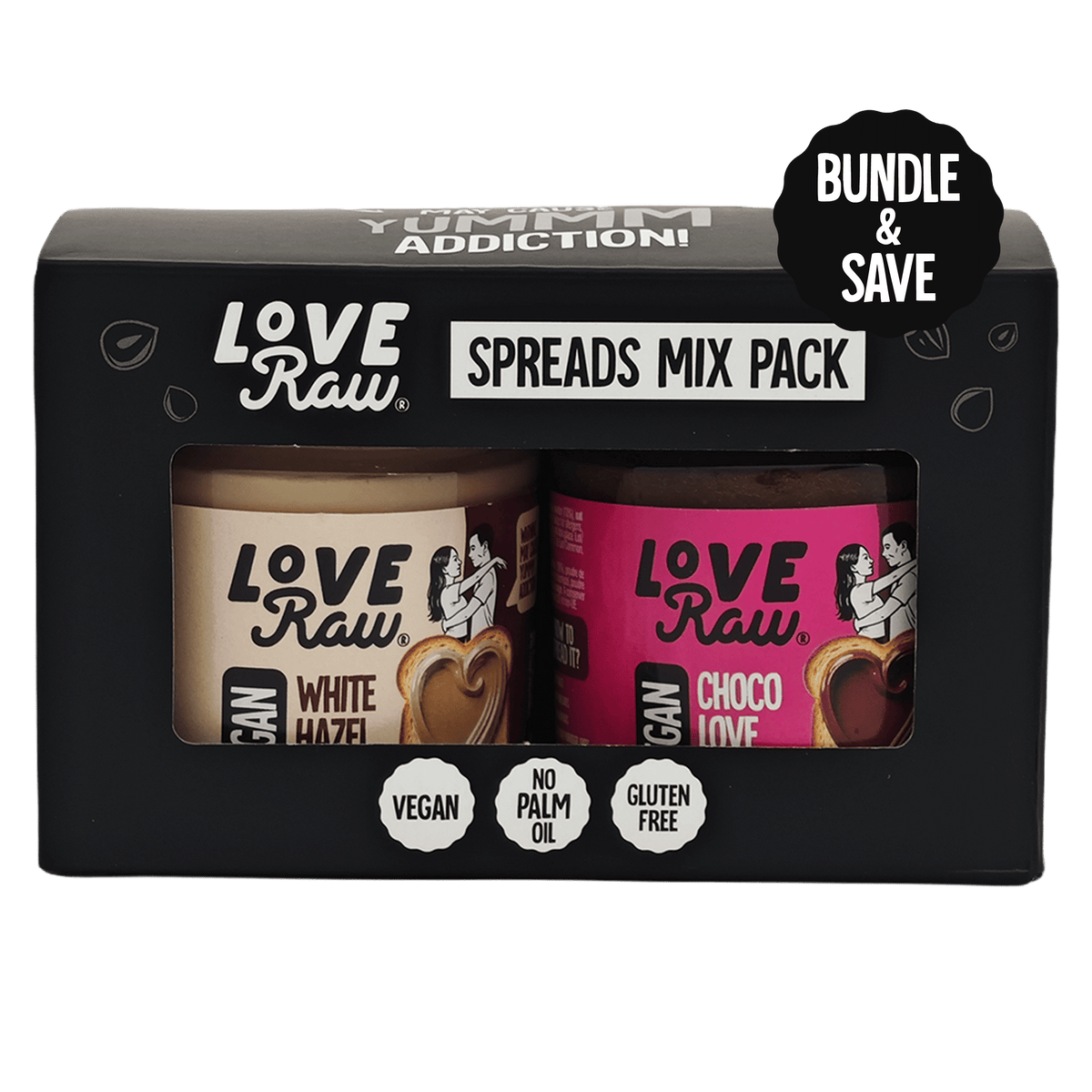 Love Raw spreads mix pack with two containers, one white and one pink, on a black background.